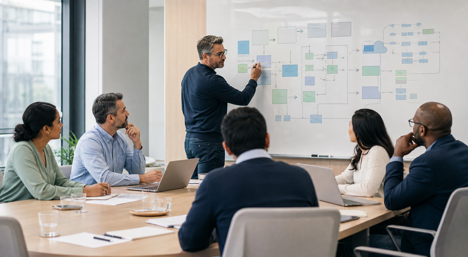 Editorial scene of a technology discovery workshop with a client leadership team