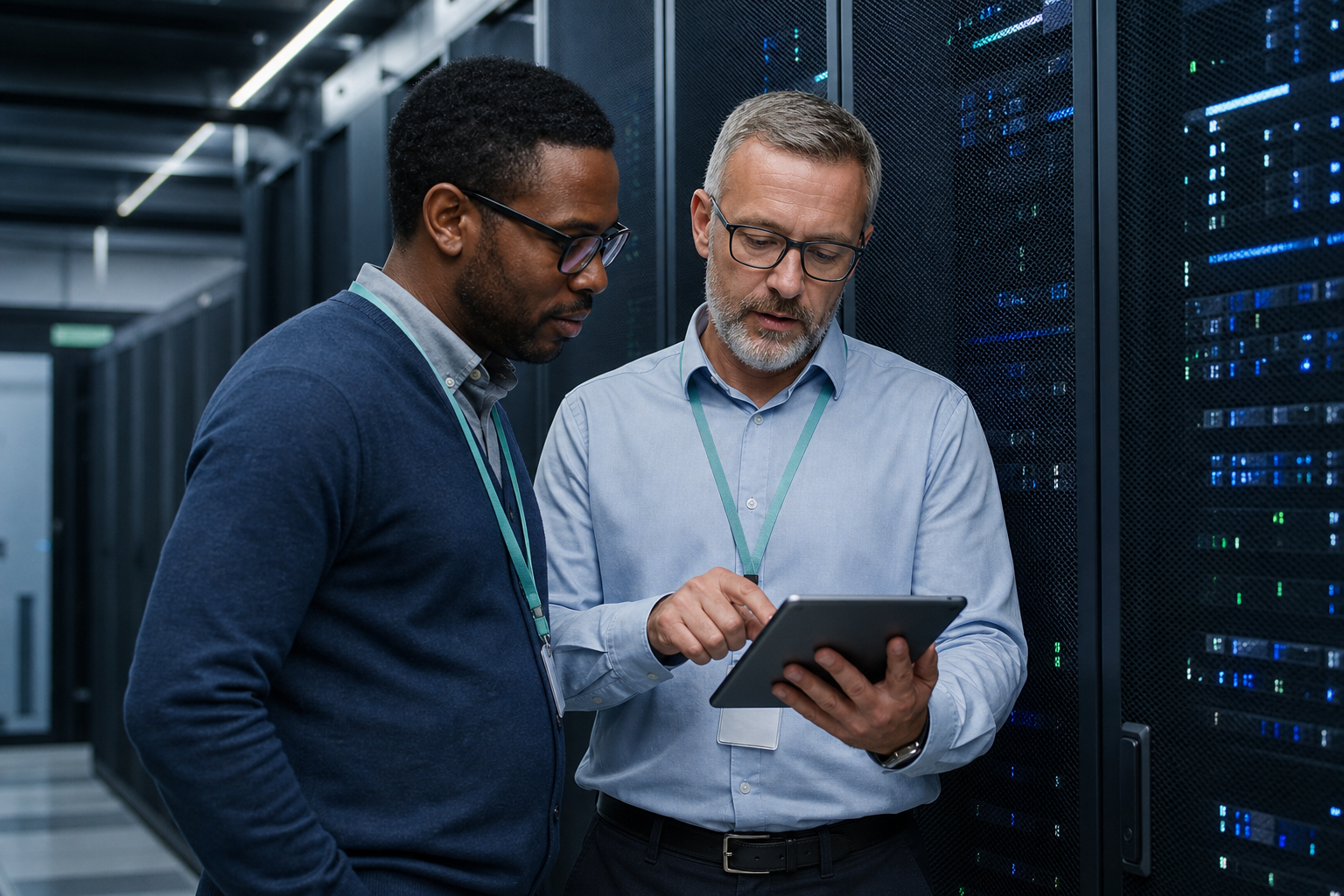 Editorial scene of experienced infrastructure engineers reviewing systems in a data center