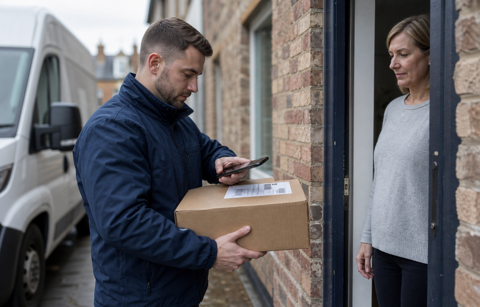 Courier scanning a parcel before the customer receives it