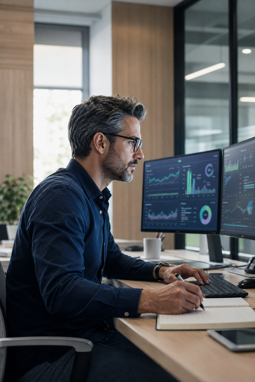 Editorial scene of a senior engineer reviewing system observability dashboards