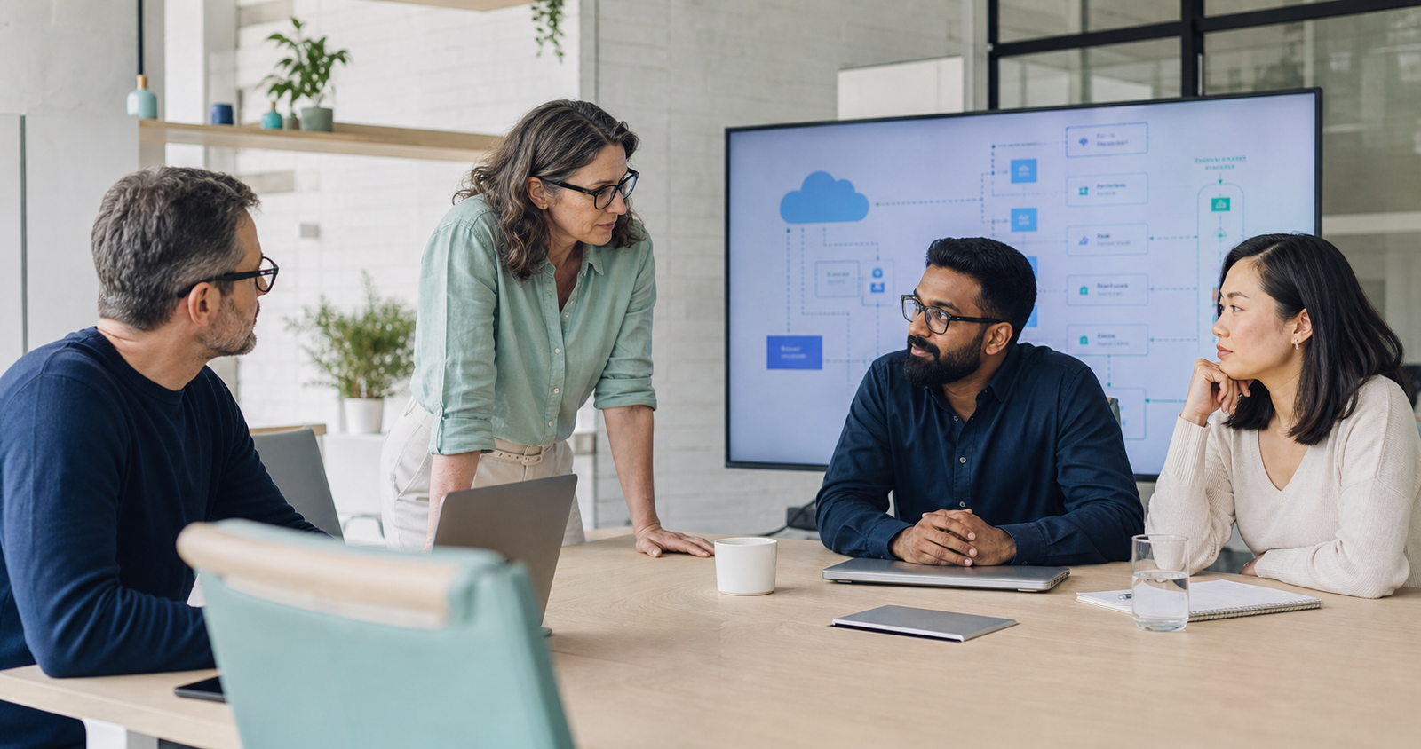 Editorial scene of an experienced technology team reviewing a cloud architecture together