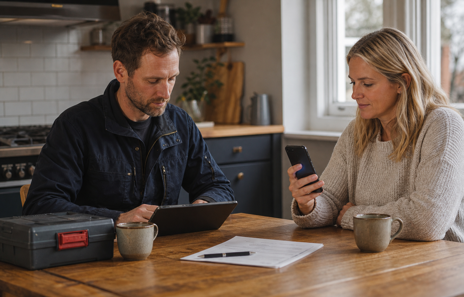 A home services professional sends a payment link while the customer checks one phone