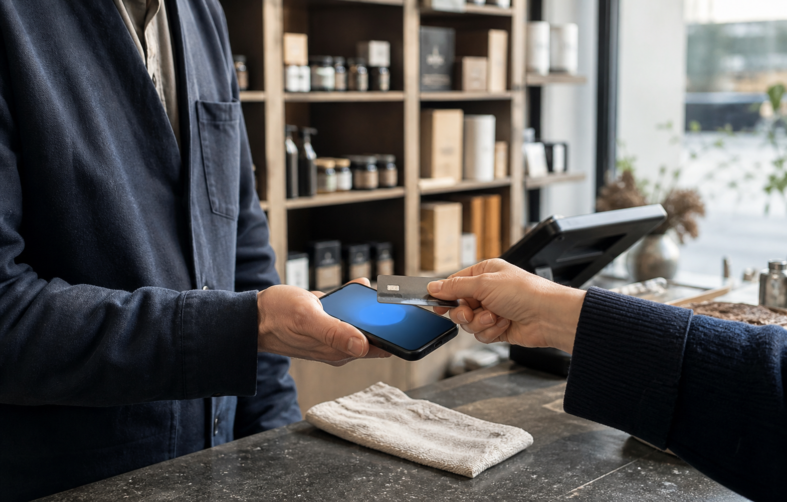Retail merchant accepting a contactless card payment directly on a phone