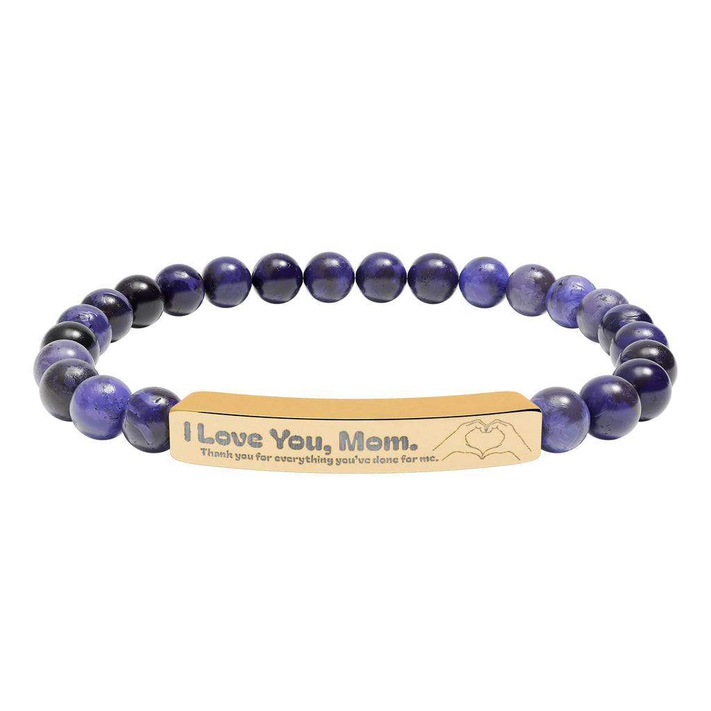 Engraved Natural Stone Bar Bracelet - "I Love You, Mom" Stretch Beaded Bracelet