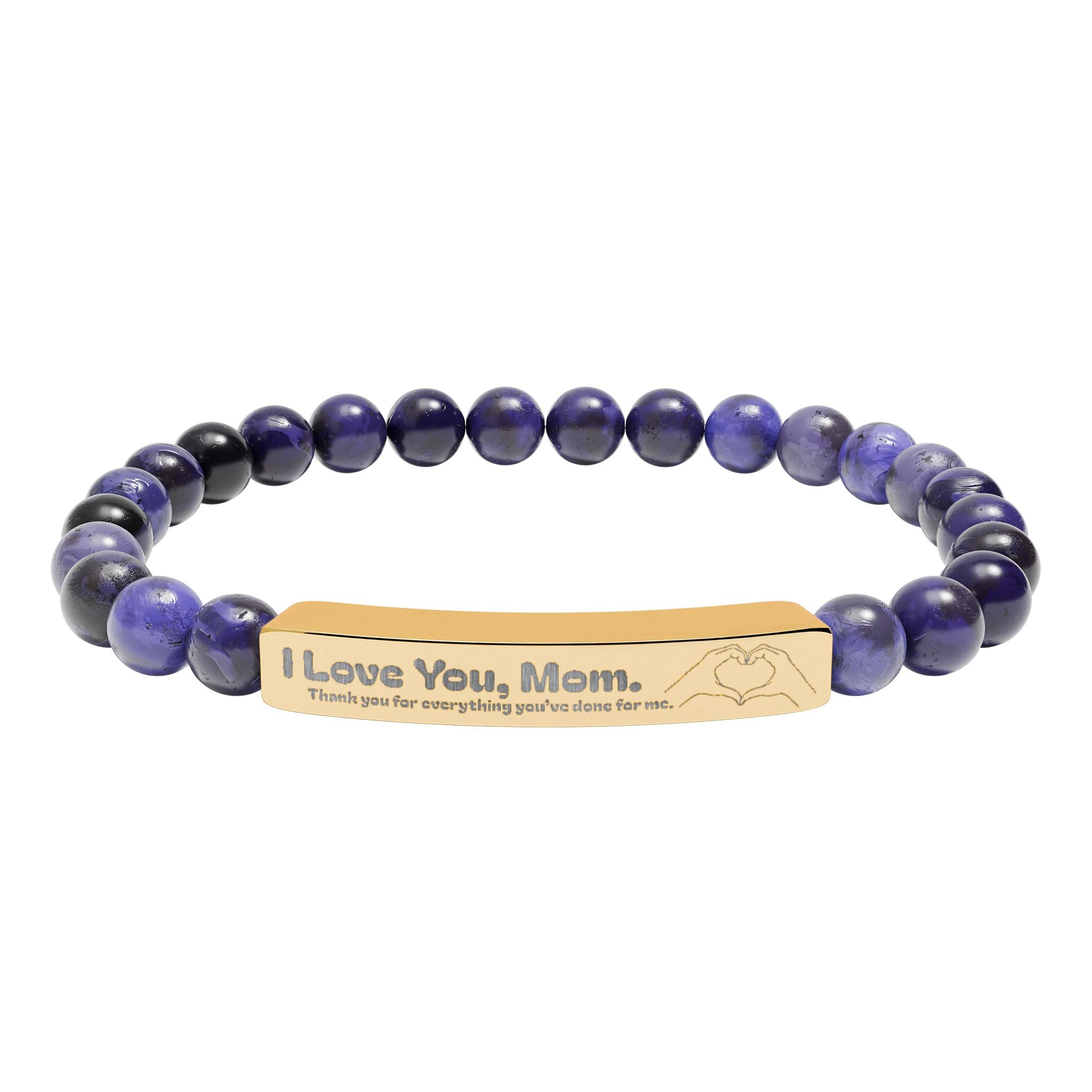 Engraved Natural Stone Bar Bracelet - "I Love You, Mom" Stretch Beaded Bracelet