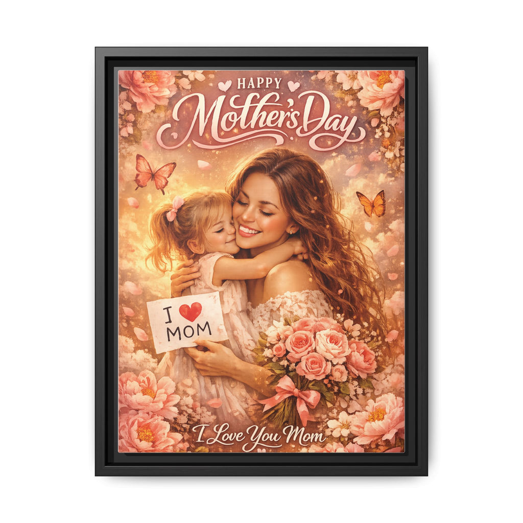 Mother's Day Framed Canvas Print - "Happy Mother's Day" Floral Mom & Child Art
