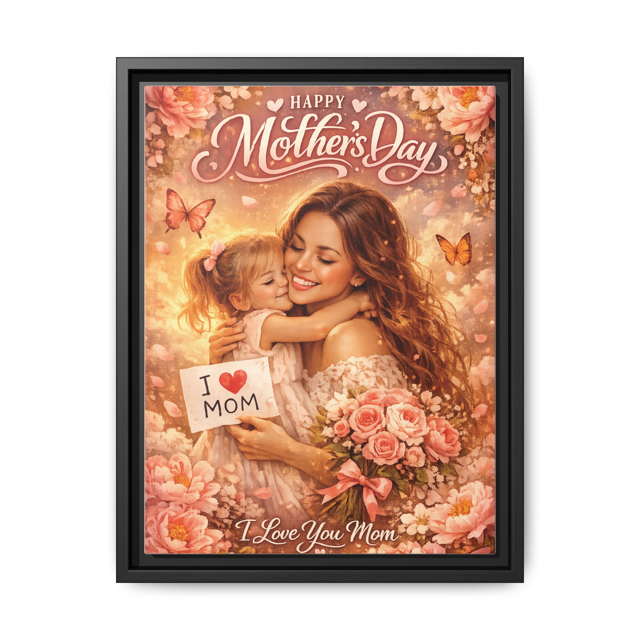 Mother's Day Framed Canvas Print - "Happy Mother's Day" Floral Mom & Child Art