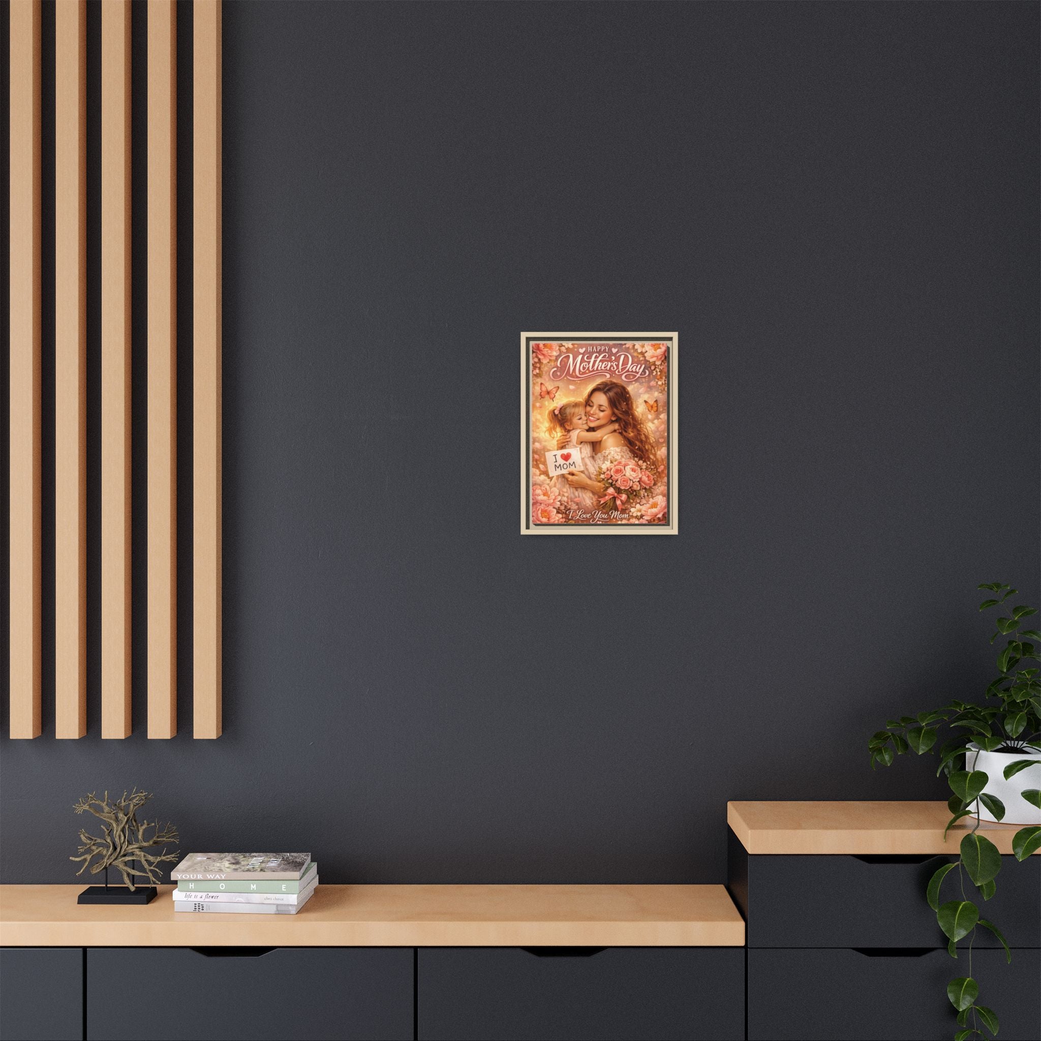 Mother's Day Framed Canvas Print - "Happy Mother's Day" Floral Mom & Child Art