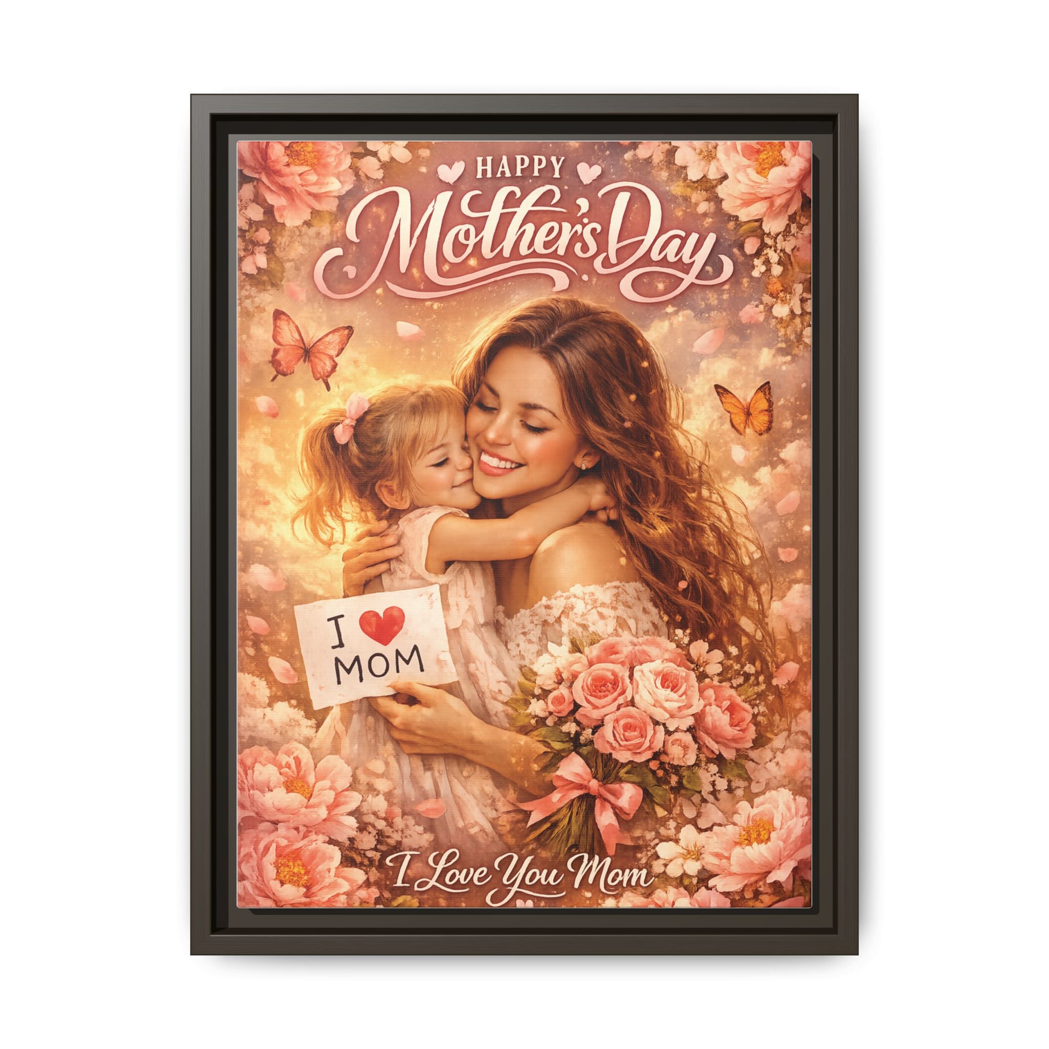 Mother's Day Framed Canvas Print - "Happy Mother's Day" Floral Mom & Child Art