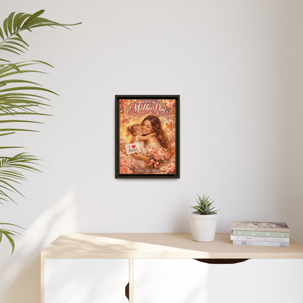 Mother's Day Framed Canvas Print - "Happy Mother's Day" Floral Mom & Child Art