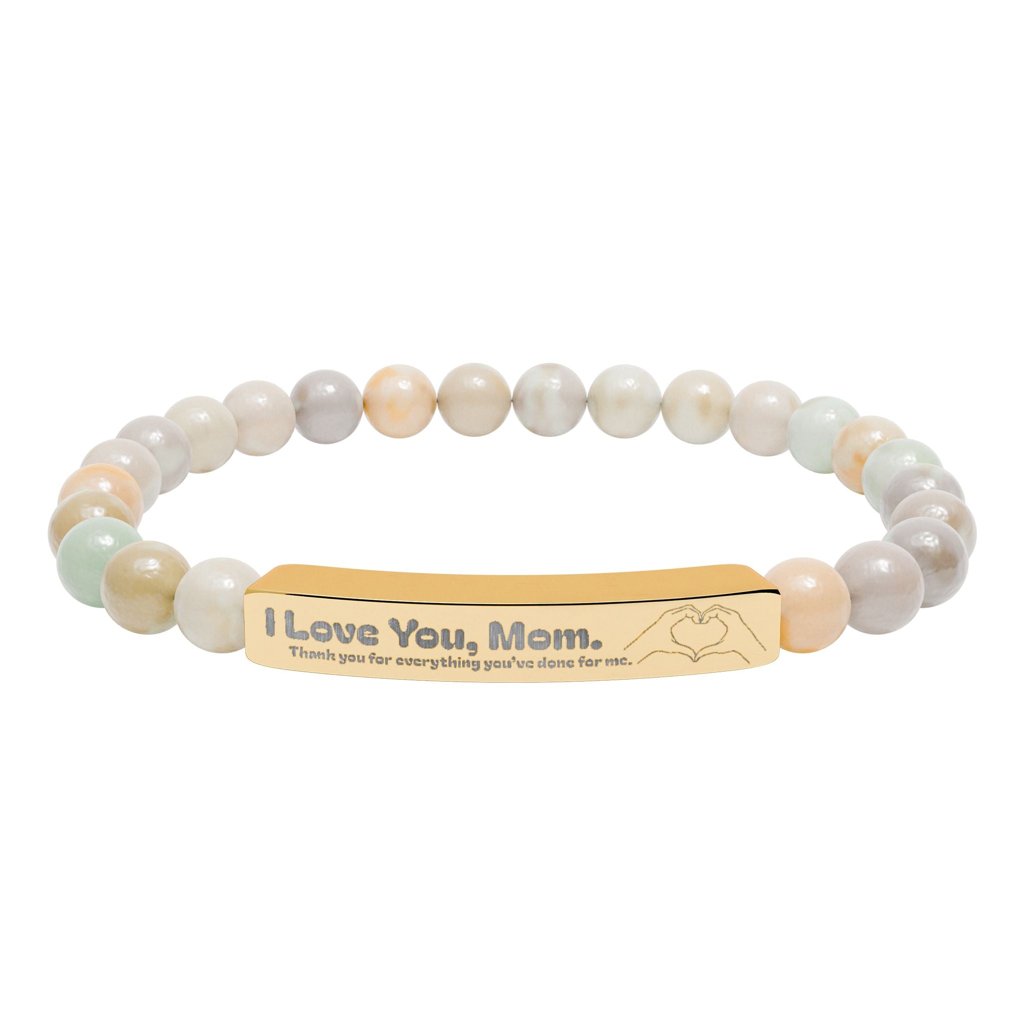 Engraved Natural Stone Bar Bracelet - "I Love You, Mom" Stretch Beaded Bracelet
