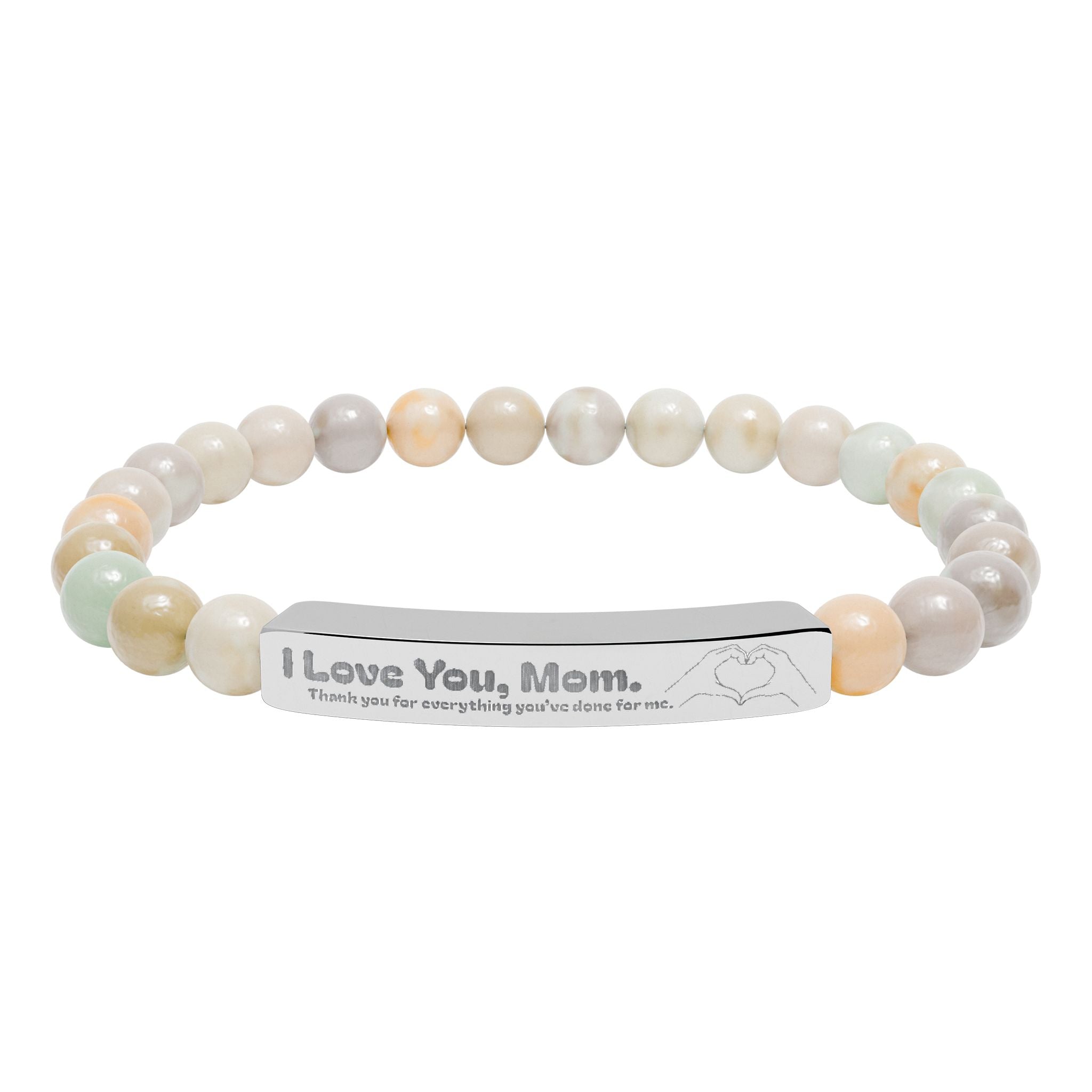 Engraved Natural Stone Bar Bracelet - "I Love You, Mom" Stretch Beaded Bracelet