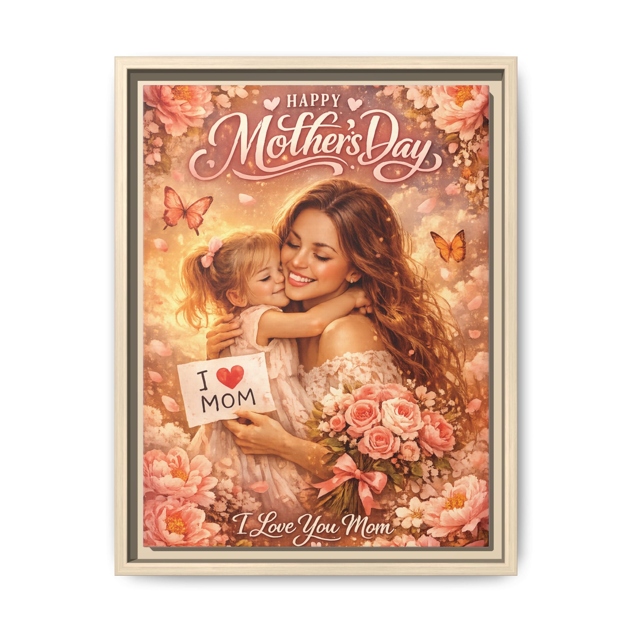 Mother's Day Framed Canvas Print - "Happy Mother's Day" Floral Mom & Child Art