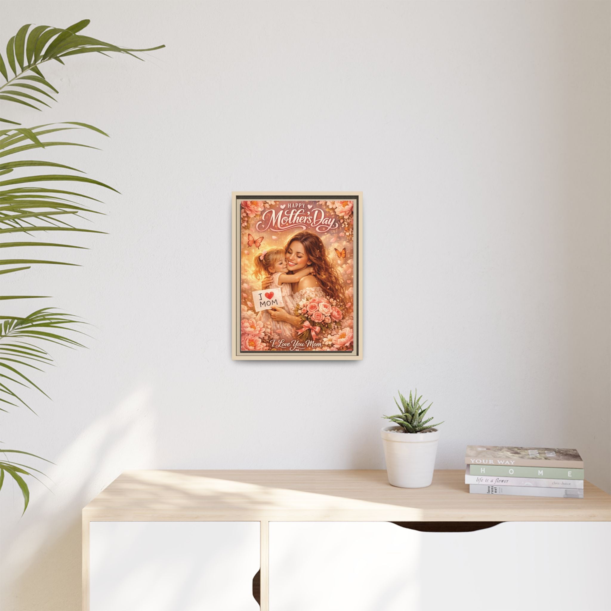 Mother's Day Framed Canvas Print - "Happy Mother's Day" Floral Mom & Child Art