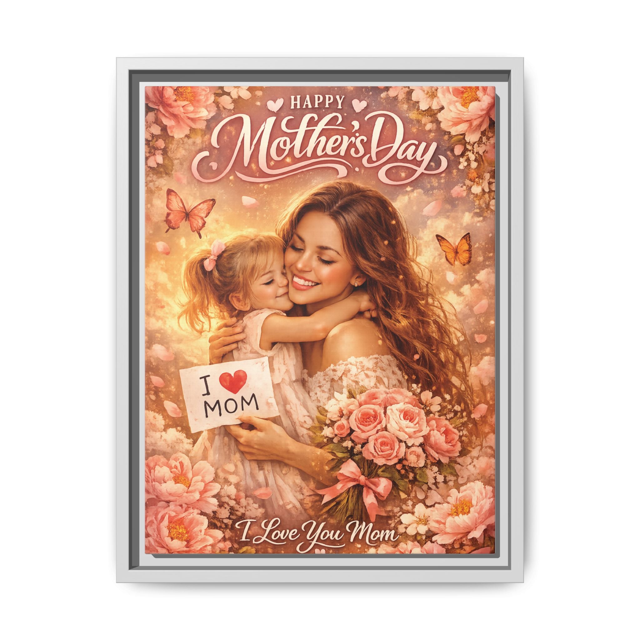Mother's Day Framed Canvas Print - "Happy Mother's Day" Floral Mom & Child Art