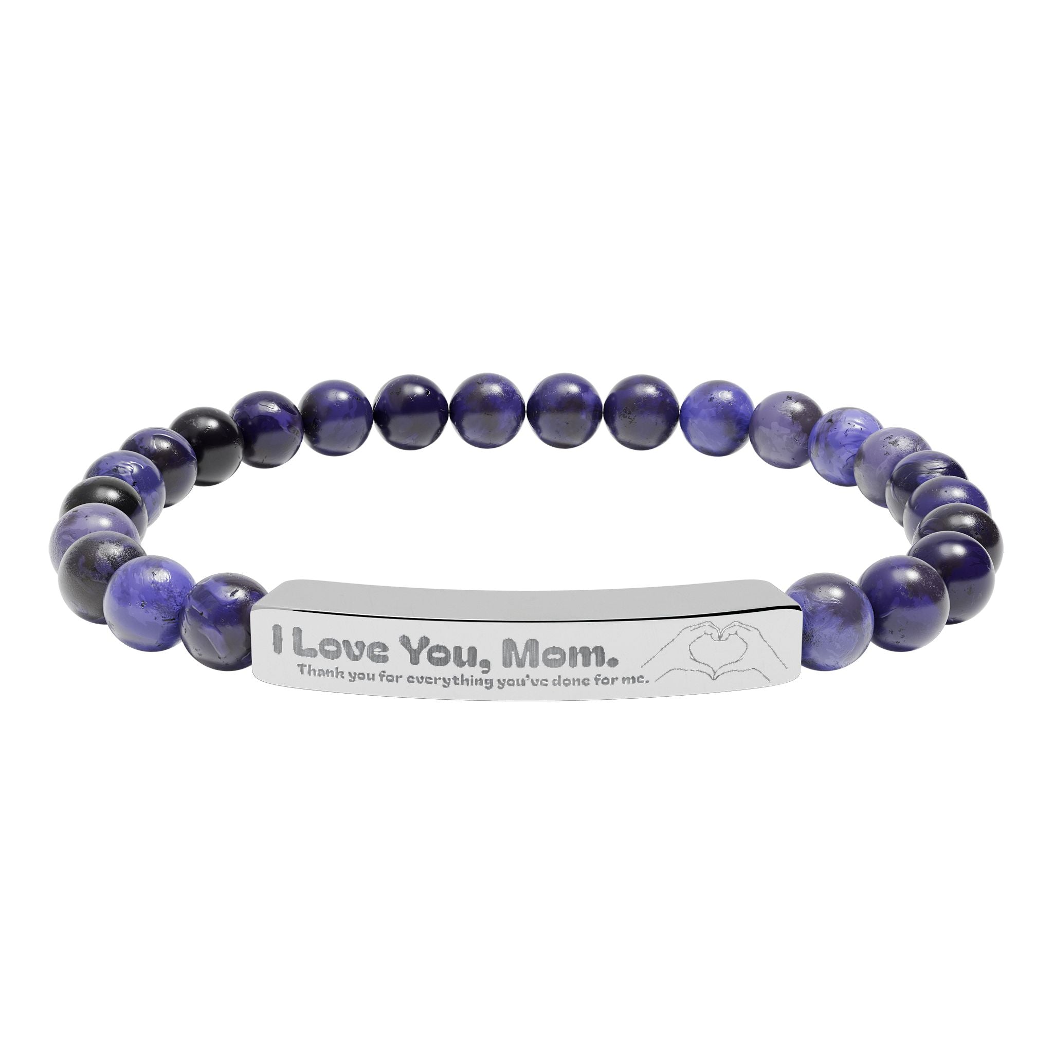 Engraved Natural Stone Bar Bracelet - "I Love You, Mom" Stretch Beaded Bracelet